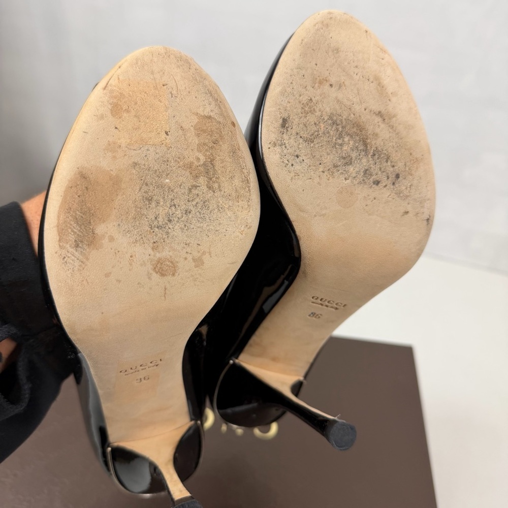 Gucci Black Patent Leather Peep Toe Pumps GG Heel‎ Detail Size 36 (US 6) - Picture 8 of 11